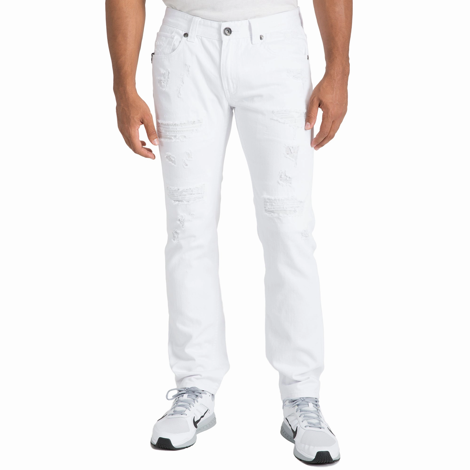 Club Mode Slim Straight Distressed & Mended White Premium Denim 5 Pocket Jeans