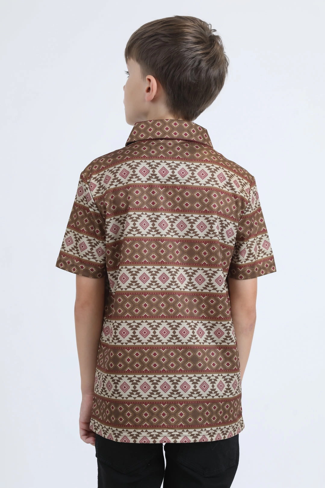 MatteFinishTexture Lightweight clothing Kids Performance Fabric Modern Fit Stretch Aztec Print Brown Polo