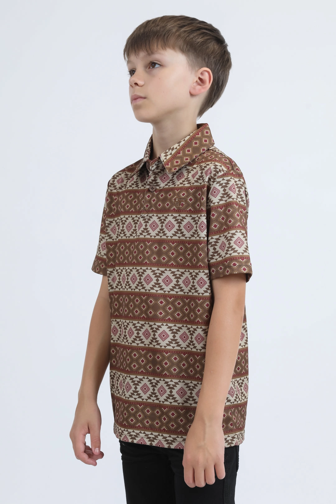 Kids Performance Fabric Modern Fit Stretch Aztec Print Brown Polo VersatileCuff Flexible Waistband