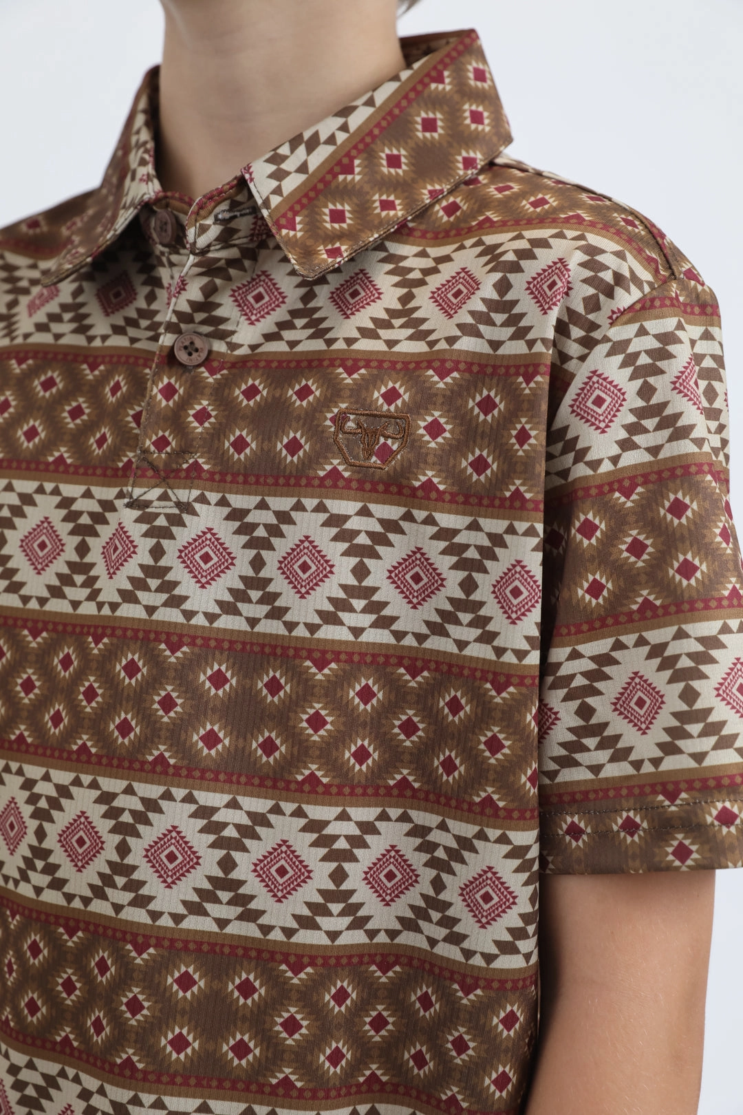 Kids Performance Fabric Modern Fit Stretch Aztec Print Brown Polo Stylish Dress Joy Ease
