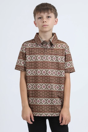 Kids Performance Fabric Modern Fit Stretch Aztec Print Brown Polo EasyAdjustStraps Harbor Style