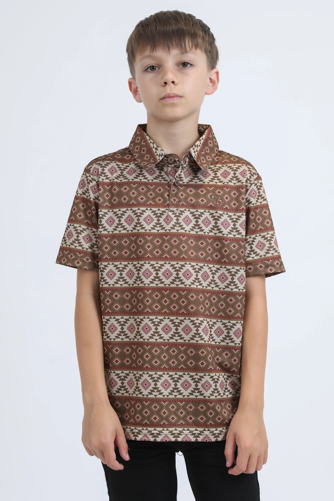 Kids Performance Fabric Modern Fit Stretch Aztec Print Brown Polo EasyAdjustStraps Harbor Style