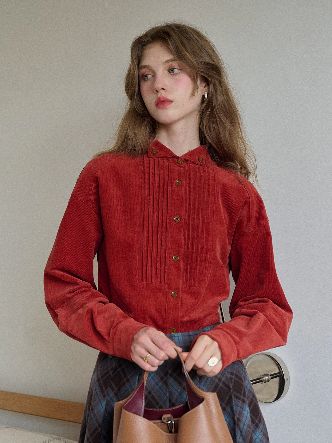 Elegant Top Ailani Stand Collar 100% Cotton Corduroy Shirt