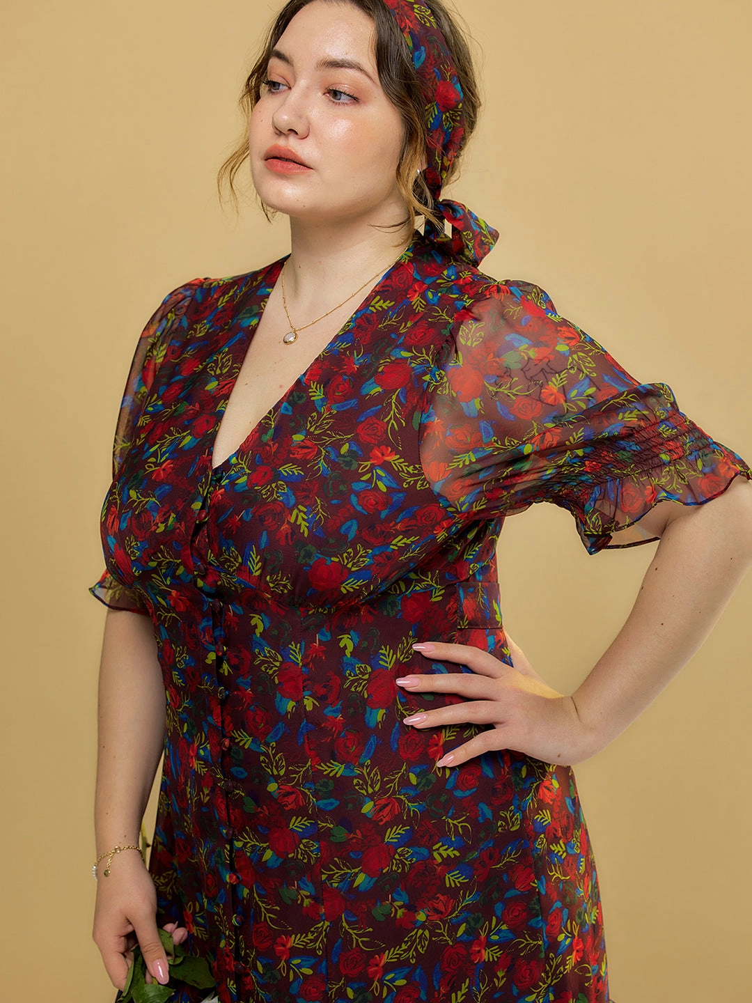 ??Final Sale??Plus Size Kora Floral Printed Maxi Dress-Dark Red Fearless Mode
