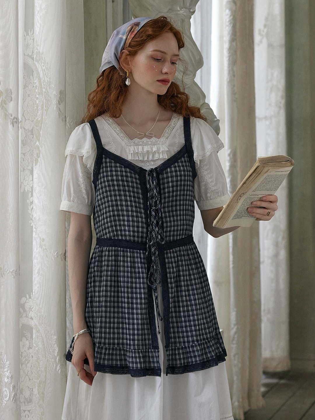 Hope Fit Alaya Checkered Contrast Lace Bow Tie Cotton Top