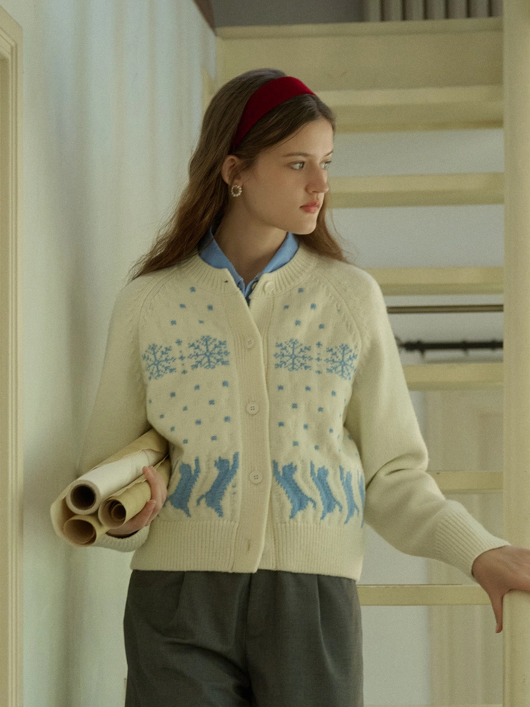 Aleena Fair Isle Classic Crew Neck Cat Snowflake Contrast Cardigan QuickAccess Pockets OdorControl Treatment