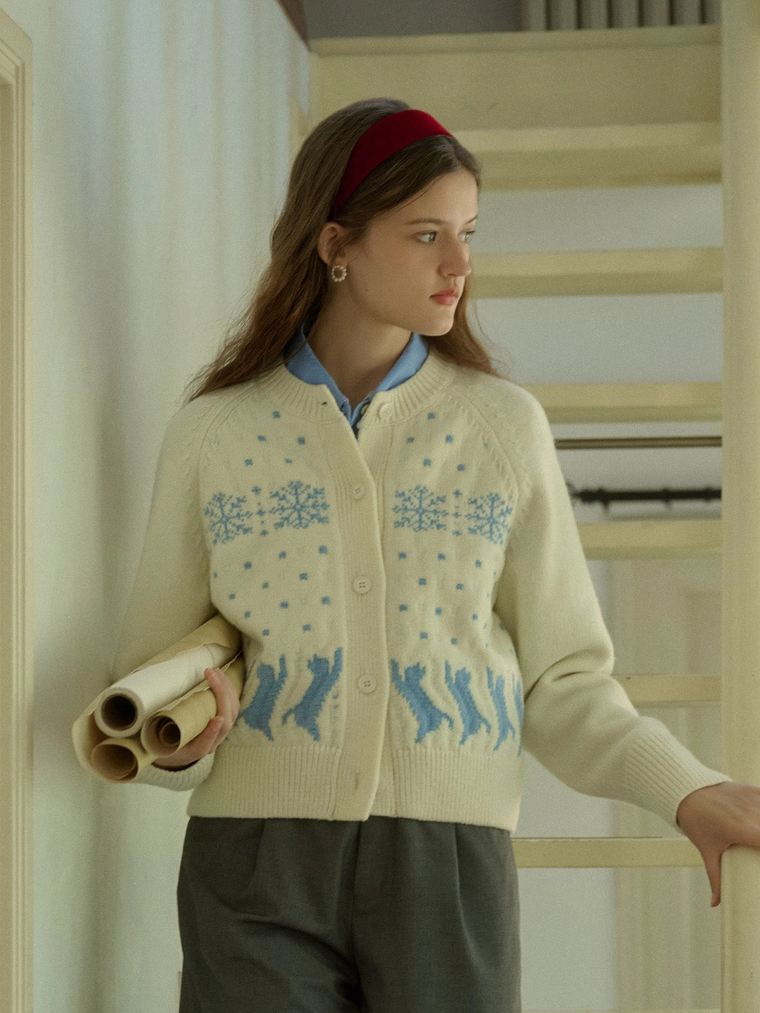 Aleena Fair Isle Classic Crew Neck Cat Snowflake Contrast Cardigan Peace Flow