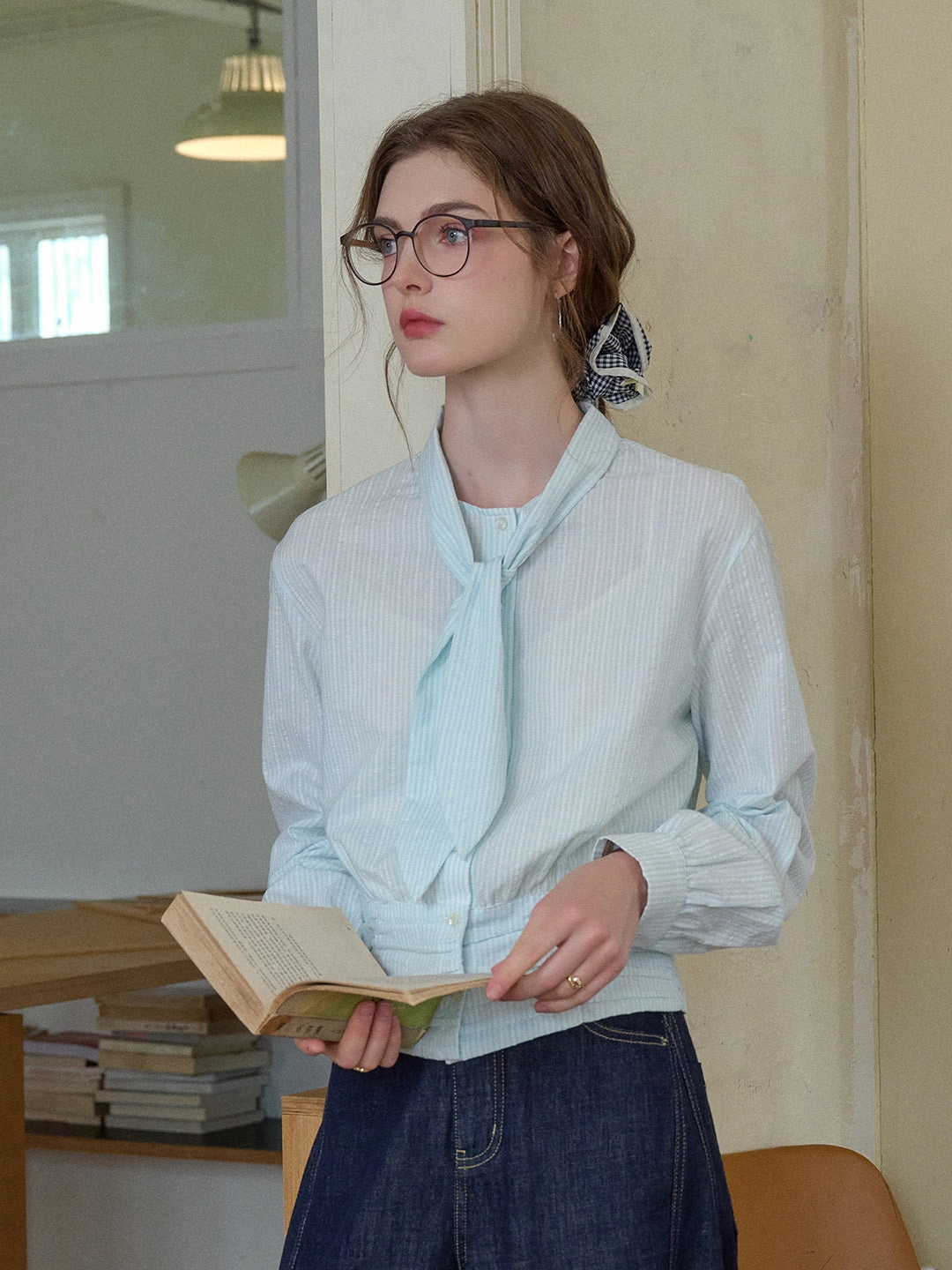 MoistureWicking Fabric Alessia Round Neck Tie 100% Cotton Blouse