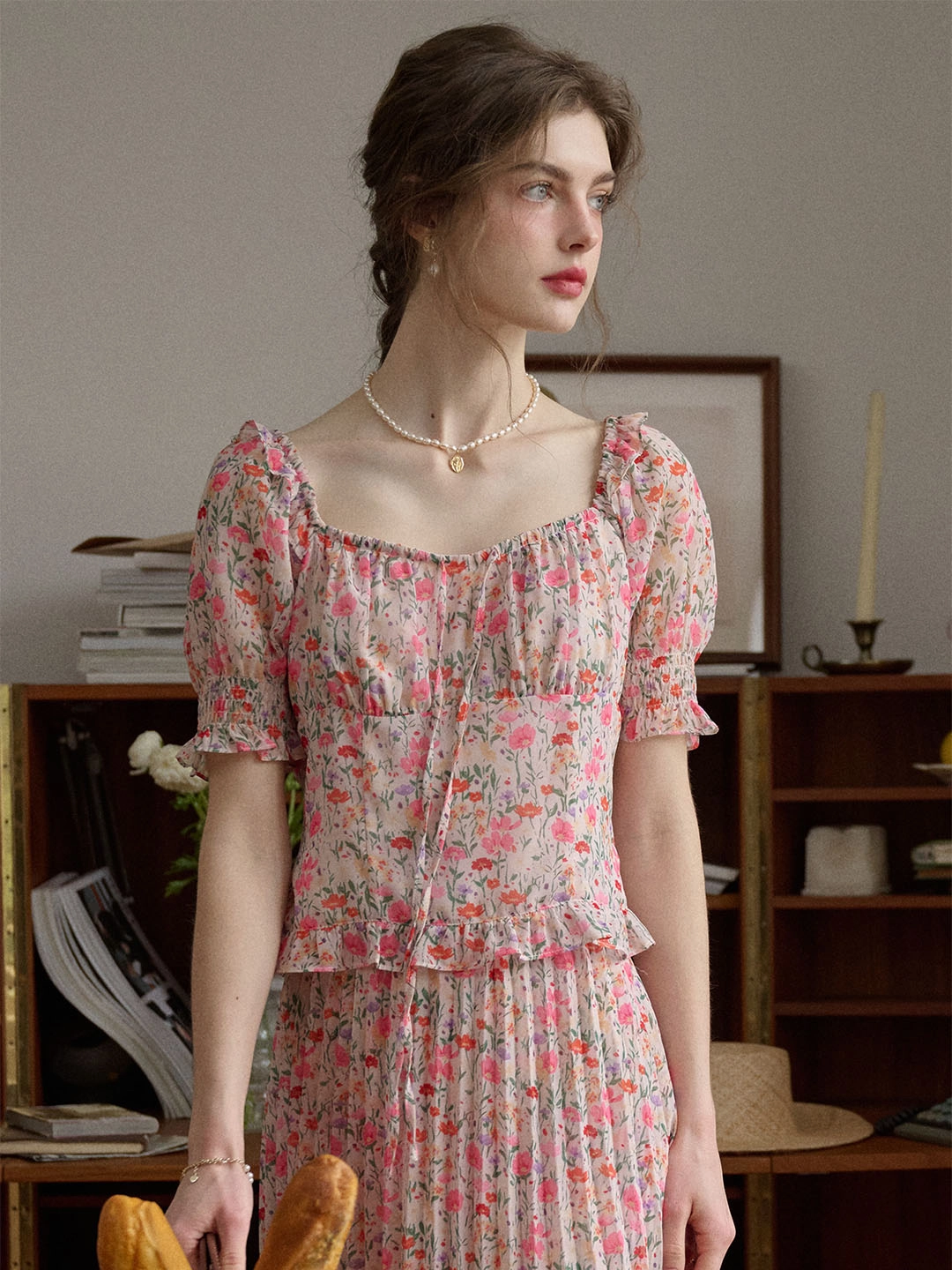 Alivia Floral Print Tie Neck Heart Shaped Collar Pink Blouse OdorResistant Material