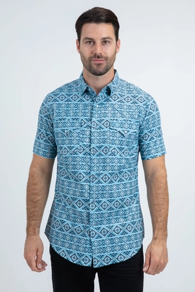 Moisture Management Tech Men's Performance Western Short Sleeve Blue Shirt