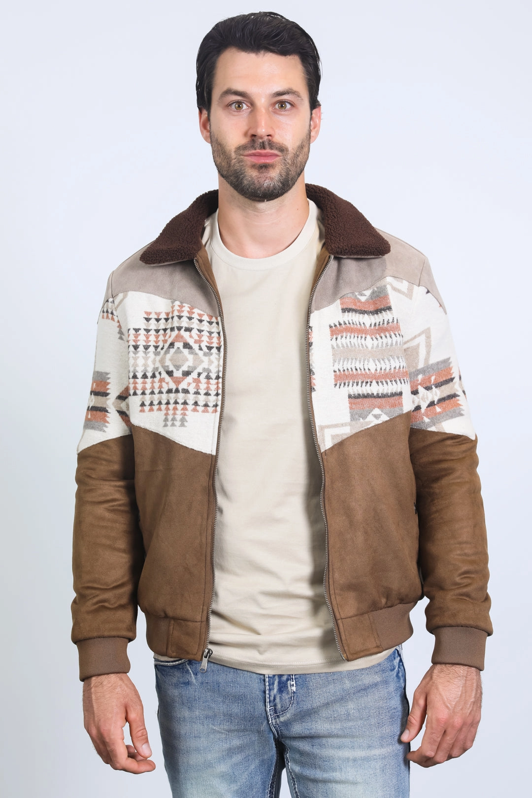 Mens Ethnic Aztec Quilted Twill Brown Jacket W/Suede Accents fashionable blazer FadeResistant Dye