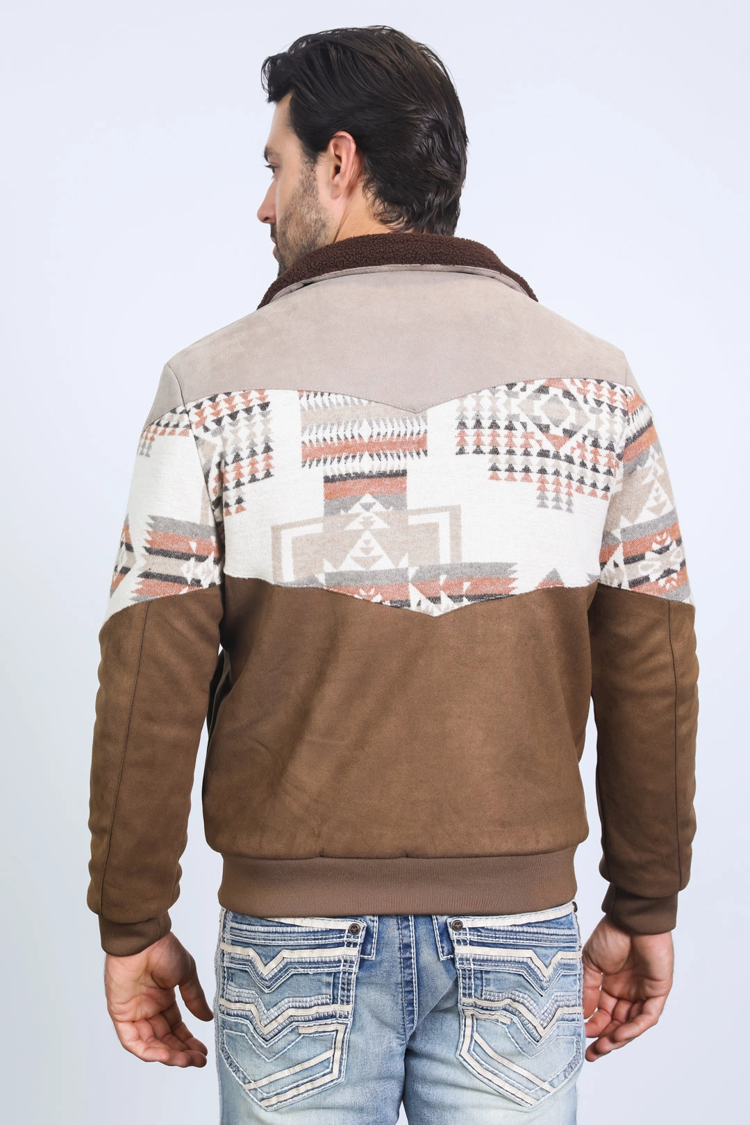 Timeless Fashion slim fit Mens Ethnic Aztec Quilted Twill Brown Jacket W/Suede Accents