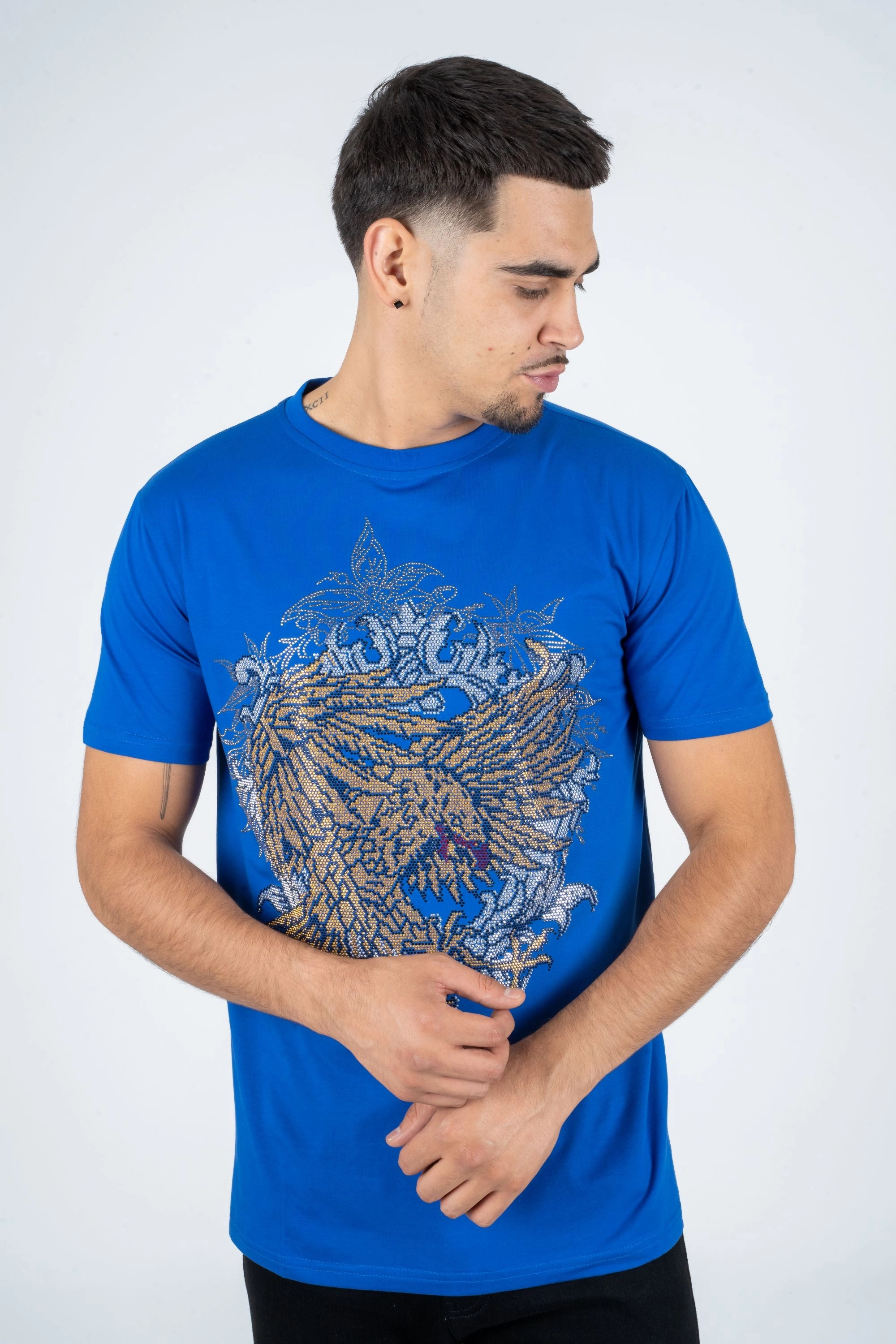 Men's Cotton Royal Blue Rhinestone T-shirt Leisure Casual
