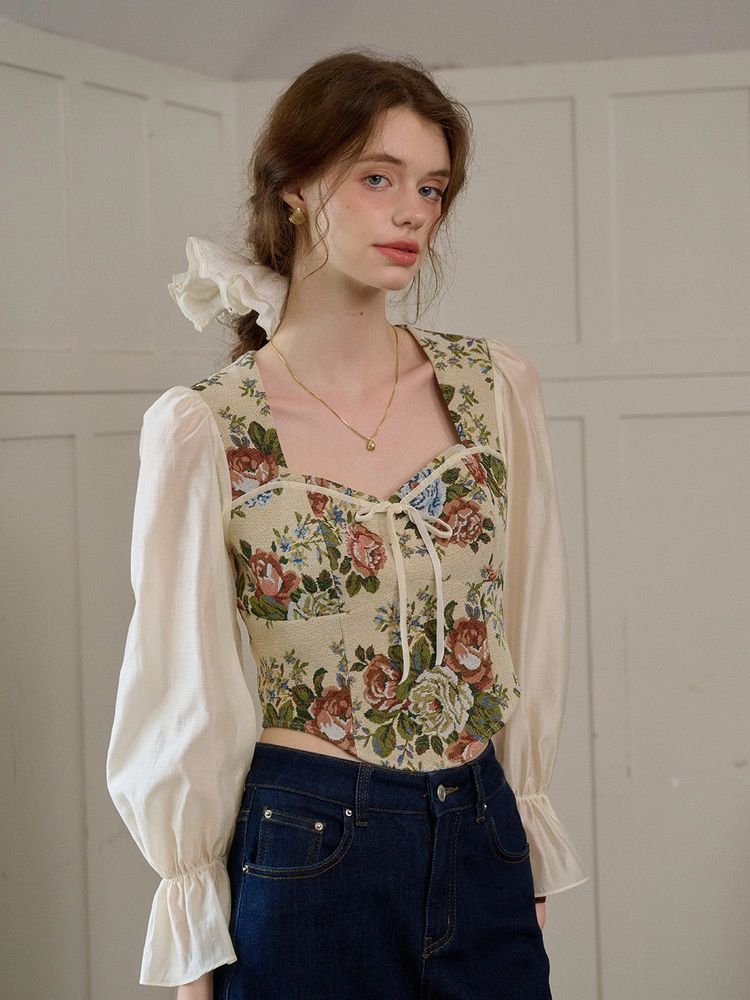 ??Final Sale??Hana French Square Neck Bow Bell Sleeve Floral Patchwork Eedwardian Style Top Transitional Clothing Royal Ease