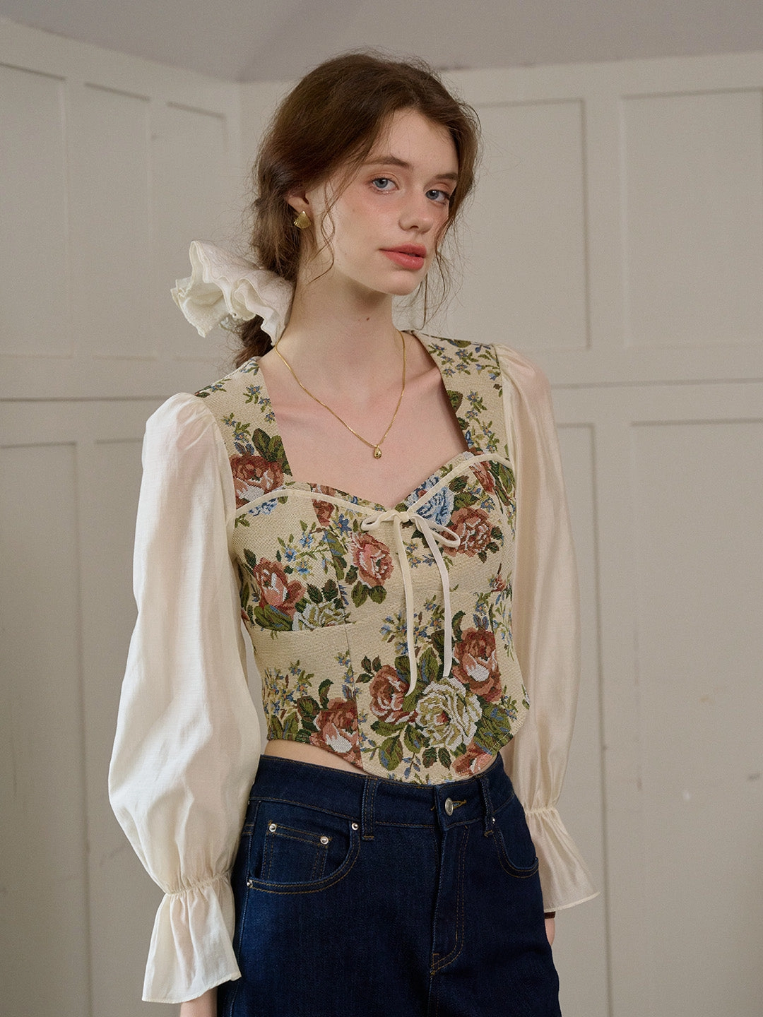 Cozy Vibe ??Final Sale??Hana French Square Neck Bow Bell Sleeve Floral Patchwork Eedwardian Style Top