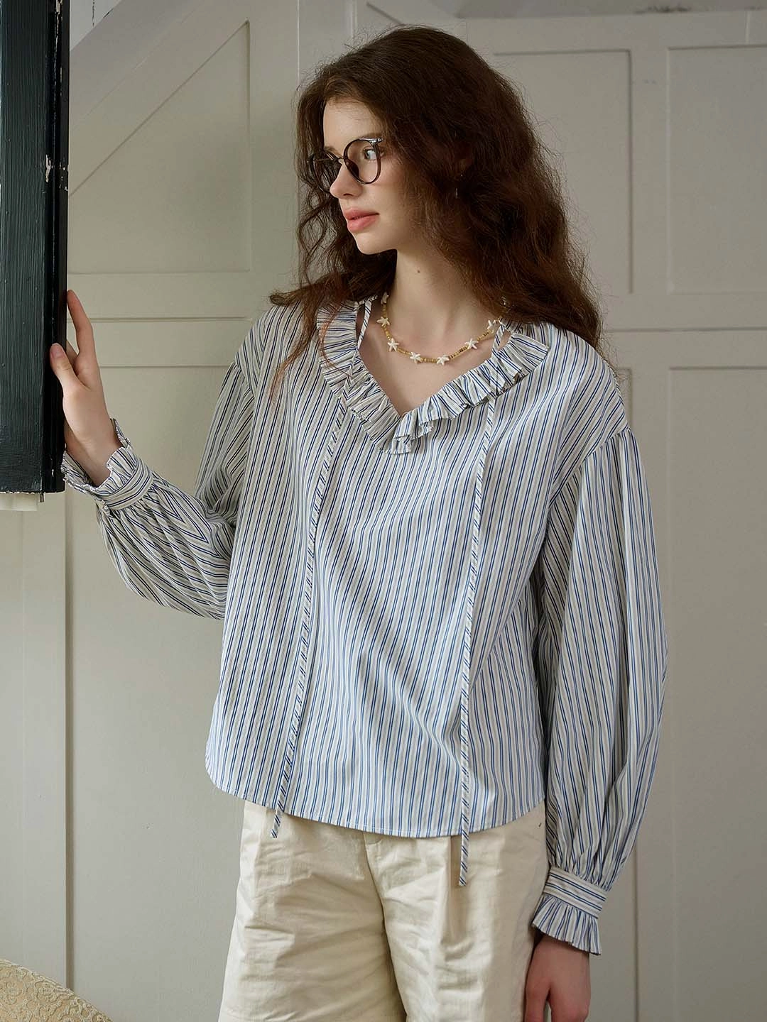 FrictionReducing Lining Leader Core Amalia Trimmed Lace-up V-neck Striped Trimmed Sleeves Blouse