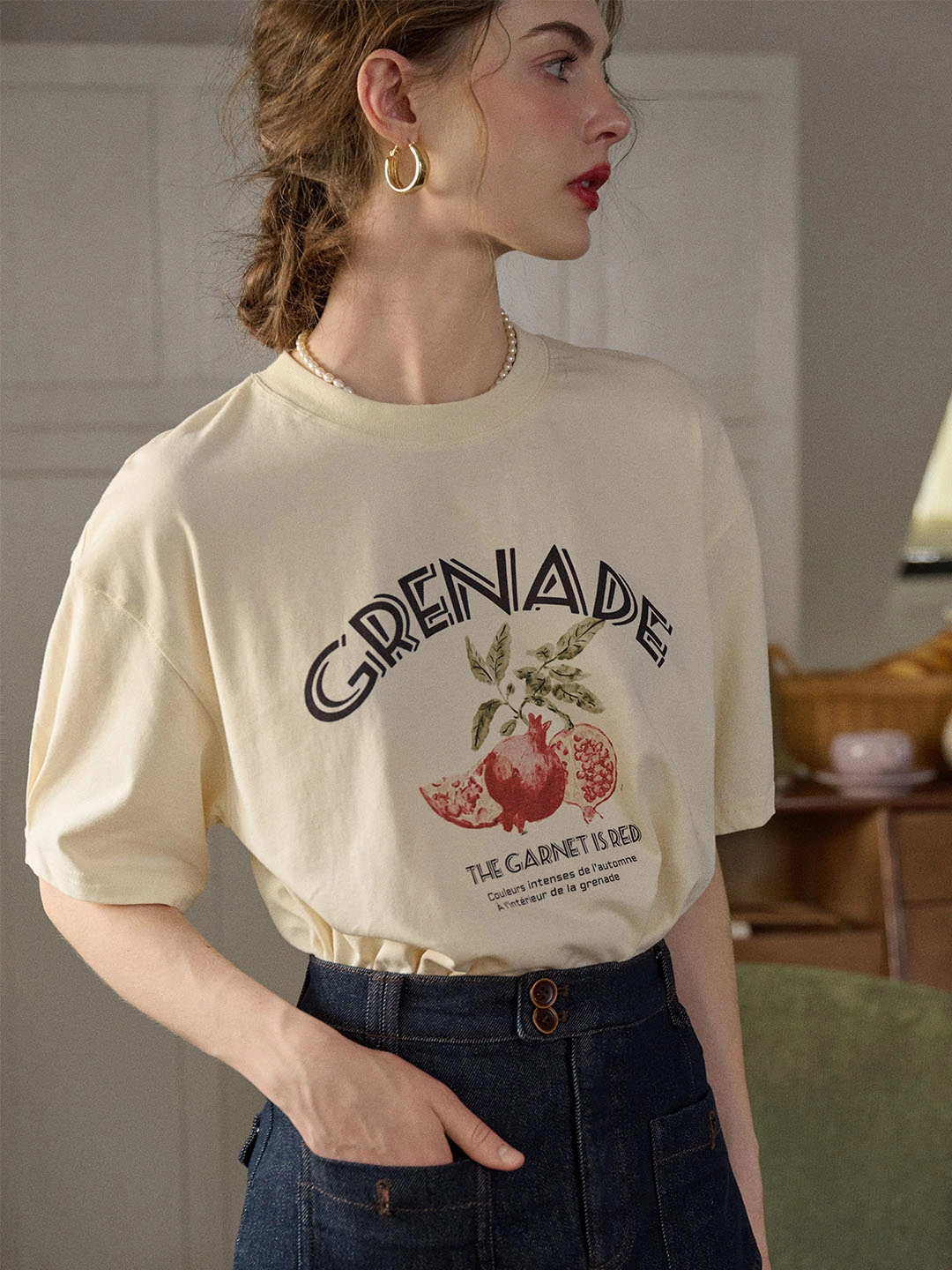 QuickDry Technology Amirah Classic Crew Neck Pomegranate Print Cotton T-shirt