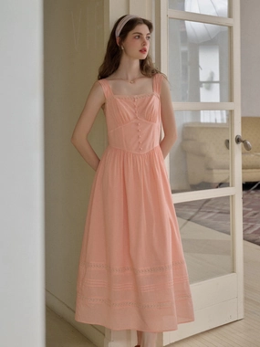 SweatAbsorbingTexture Ana Square Neck Lace 100% Cotton Dress