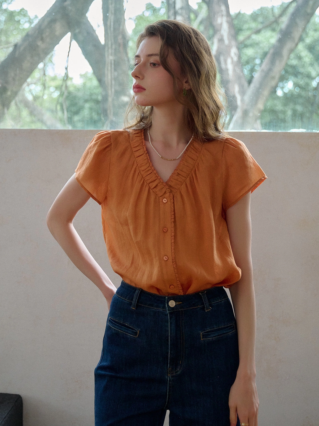 Angela V-Neck 100% Ramie Blouse Easy Layer