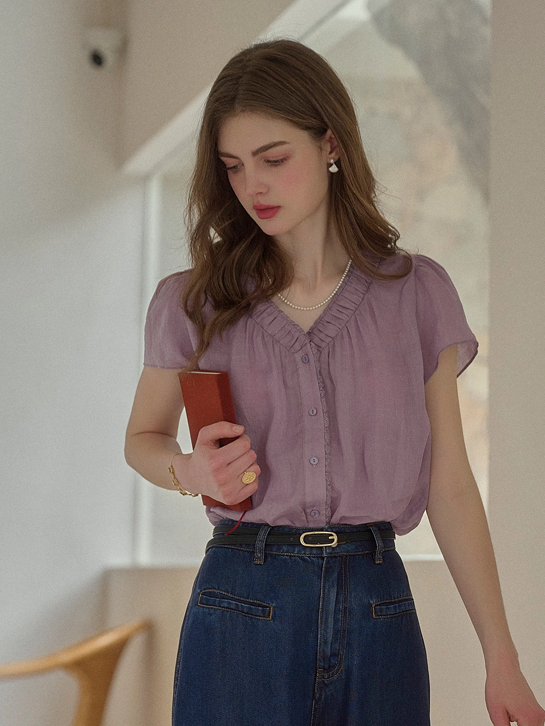 WaterRepellent Surface Angela V-Neck 100% Ramie Blouse