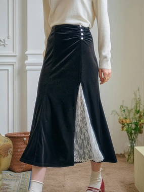 Angelique Elegant Lace Hollow Contrasting Velvet Skirt Soft Waistband