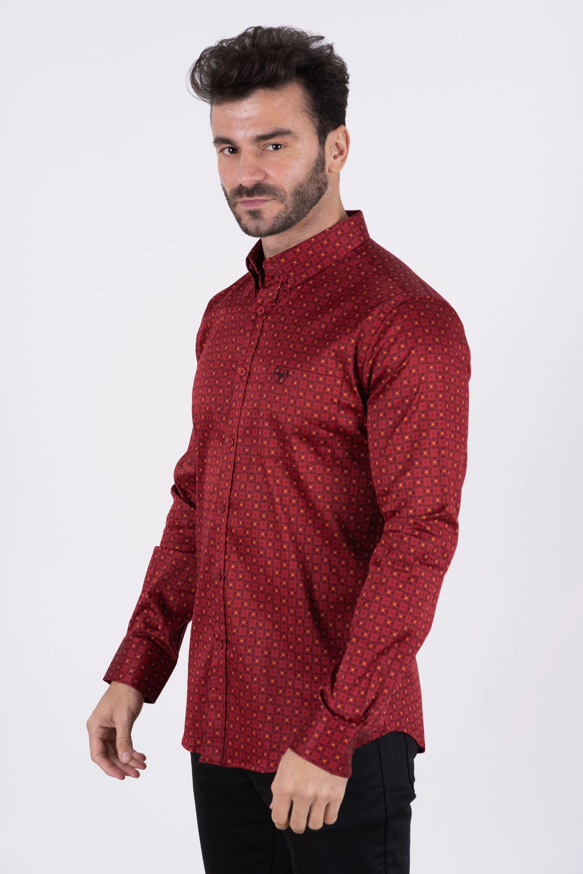 Current Style Men's Cotton Red Monogram Digital Print Dress Shirt