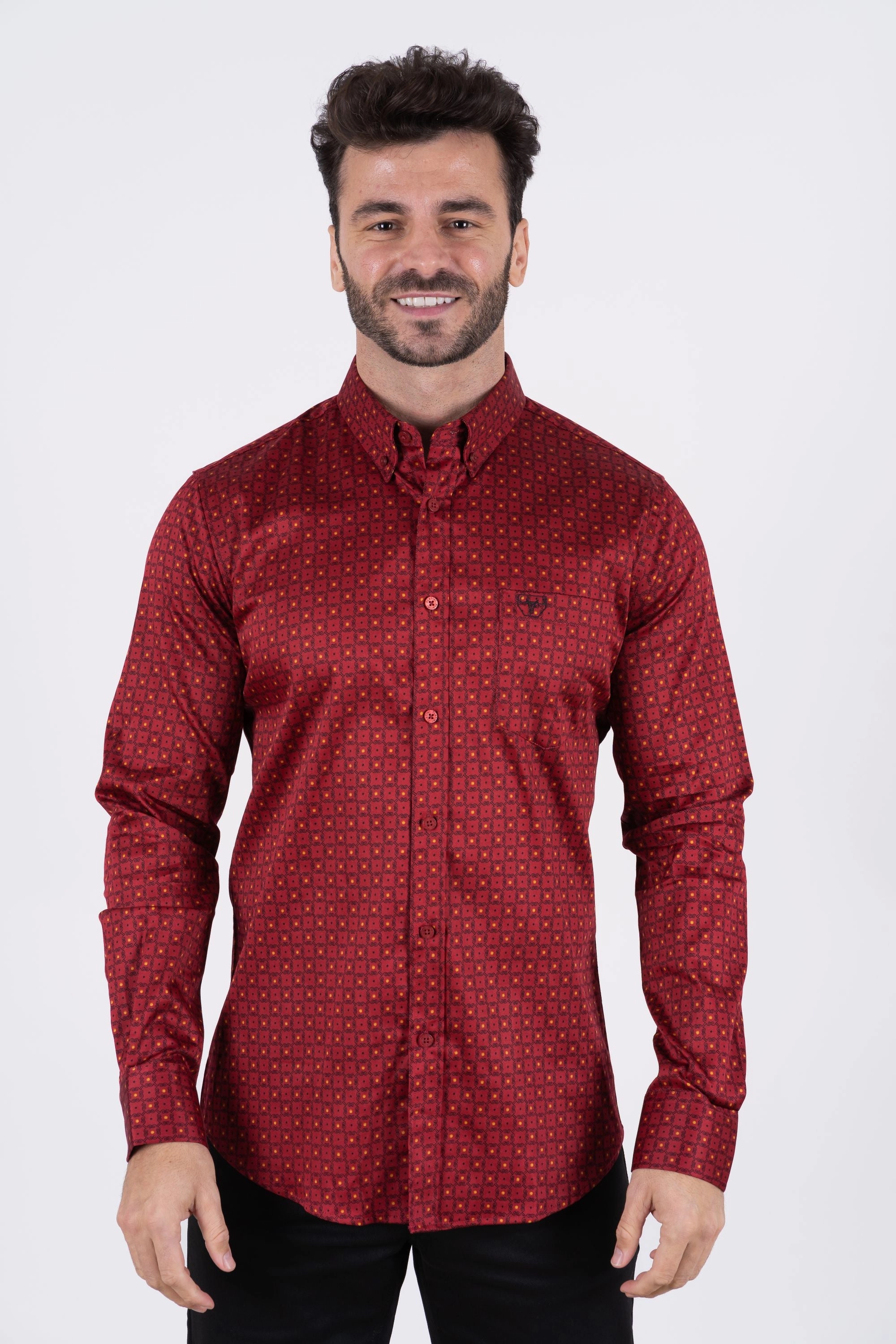 Layering Essential Subtle Details Men's Cotton Red Monogram Digital Print Dress Shirt