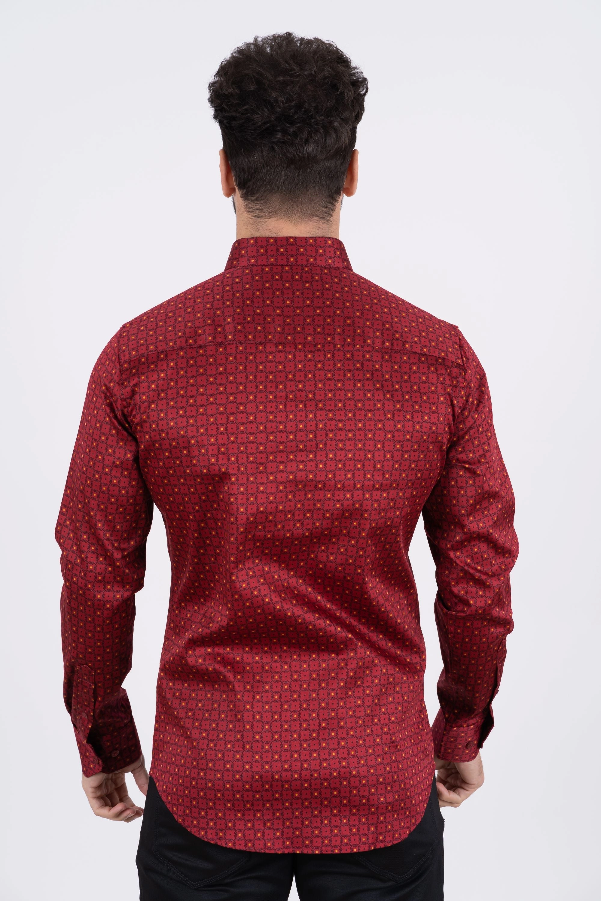 Men's Cotton Red Monogram Digital Print Dress Shirt Comfortable Layer Minimalist Fit