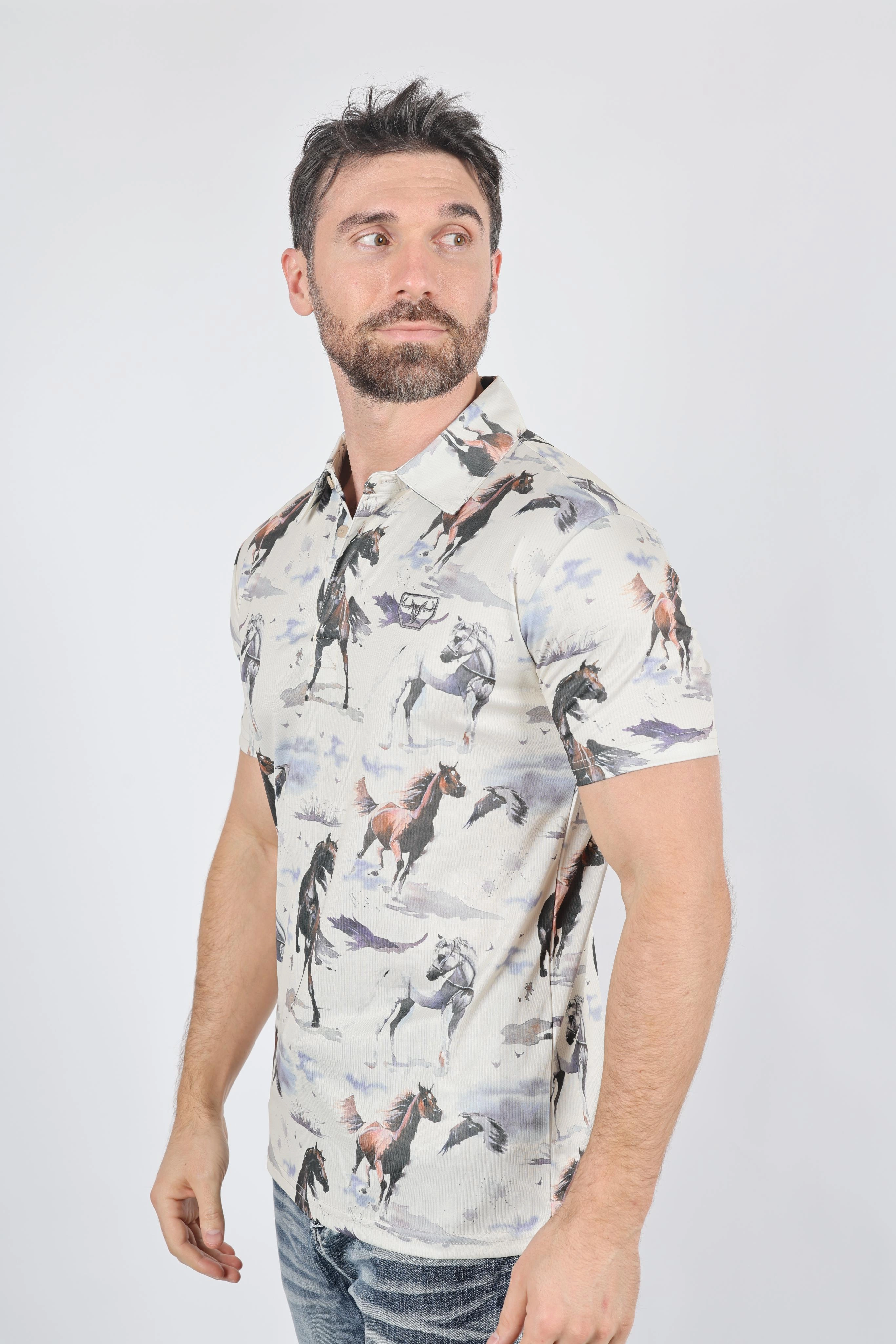 NonRestrictive Cut Mens Performance Fabric Modern Fit Stretch Rodeo Print Polos