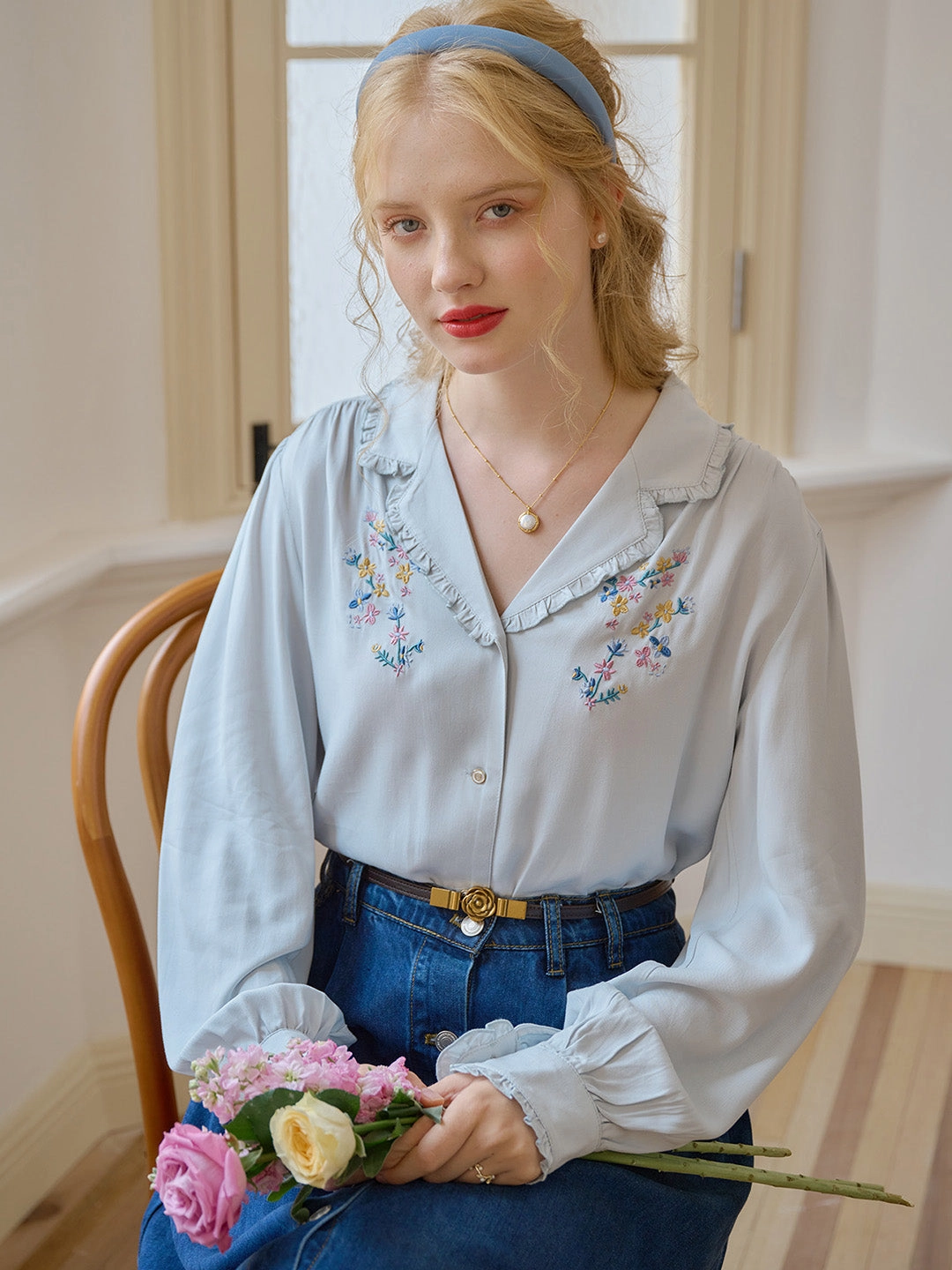 ??Final Sale??Convallaria Floral Embroidered Light Blue Puff Top Planet Glow