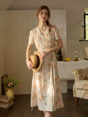 Suburb Ease ??Final Sale??Louisa Ruffle V-Neck Floral Waist Dress - Apricot