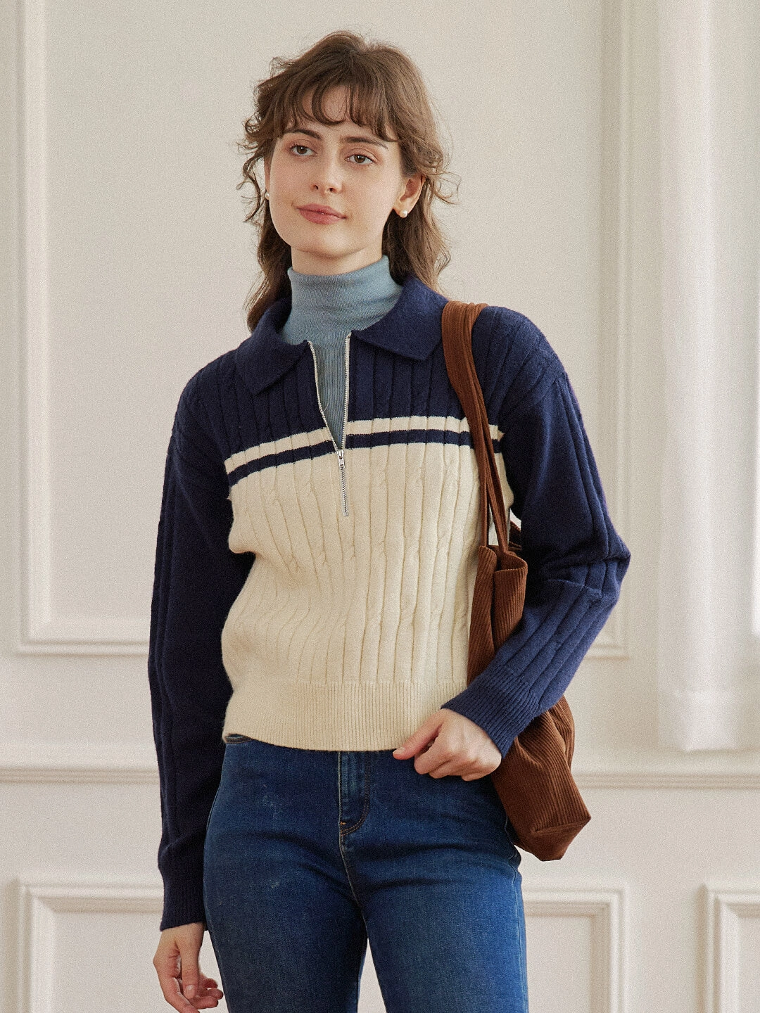 Neo Mode ??FINAL SALE??Lyla Polo Cable Blue Knit Sweater