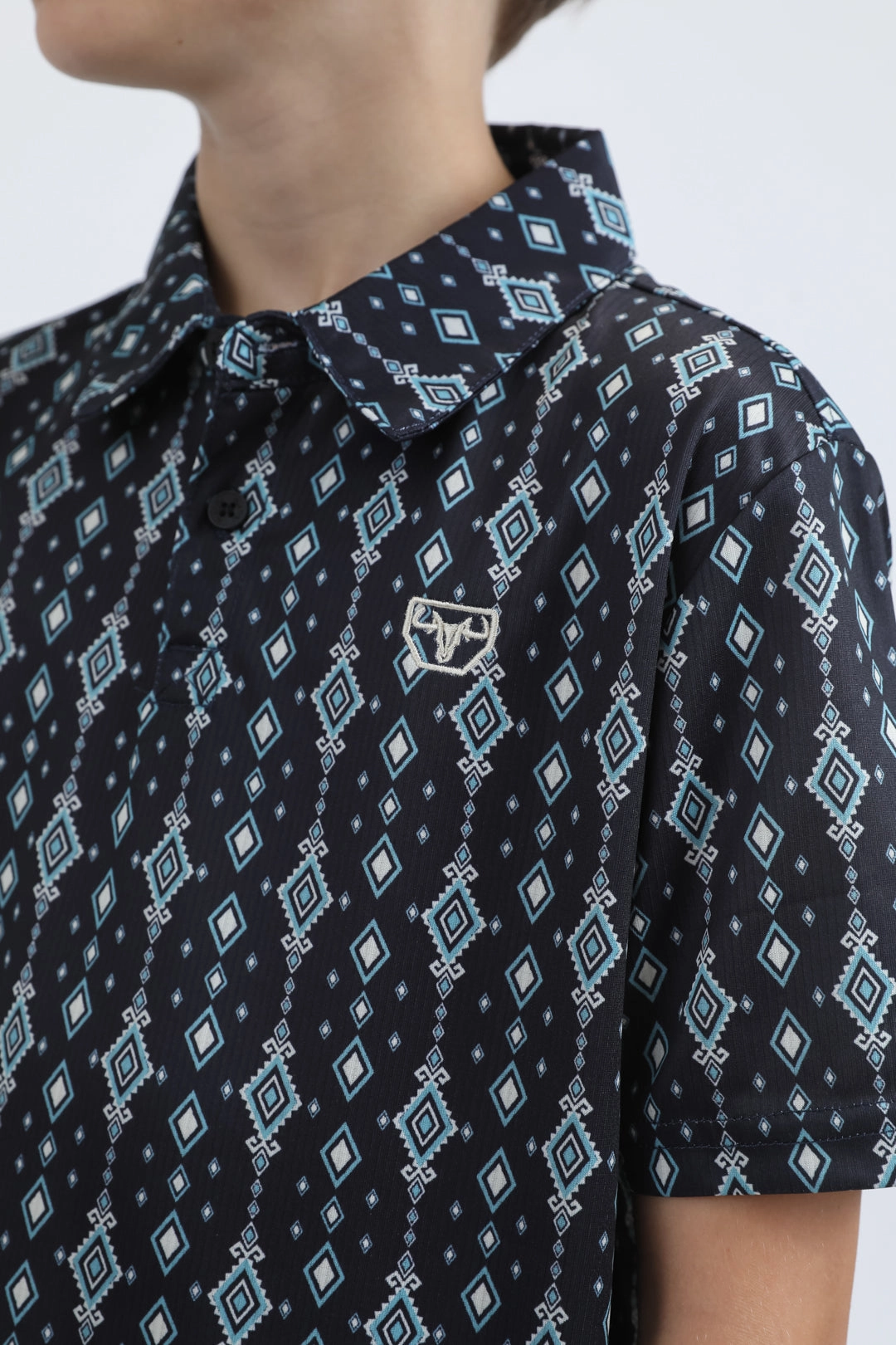 Sustainable Manufacturing Office Glam Kids Performance Fabric Modern Fit Stretch Aztec Print Black Polo