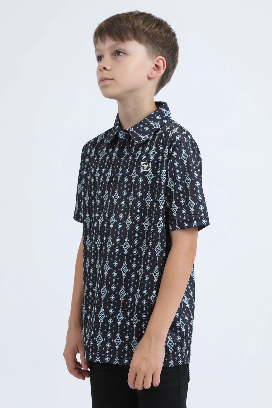Calm Ease Eco-Friendly Material Kids Performance Fabric Modern Fit Stretch Aztec Print Black Polo