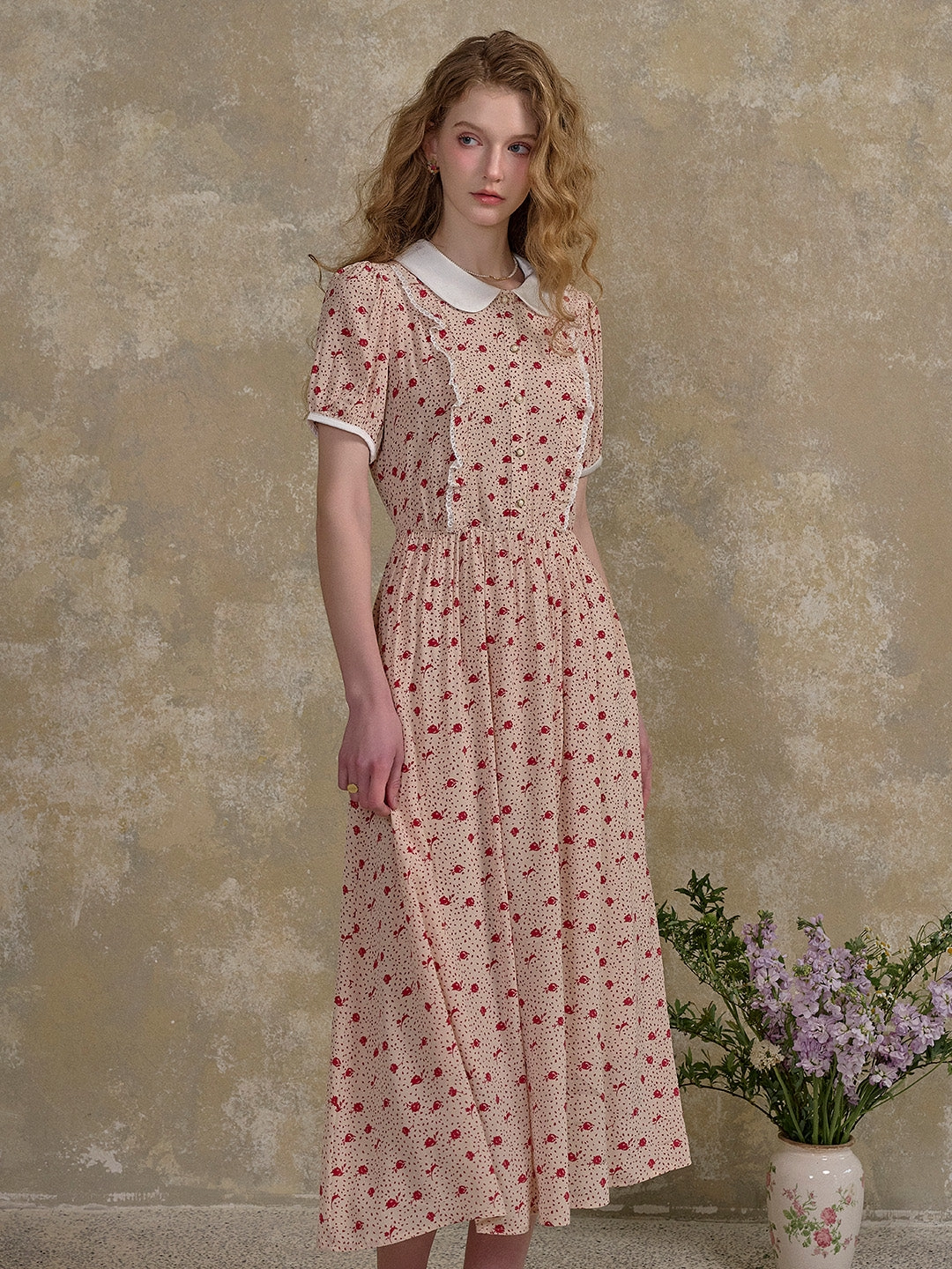 ??Final Sale??Johanna Peter Pan Collar Floral Dot Dress Bio Glow