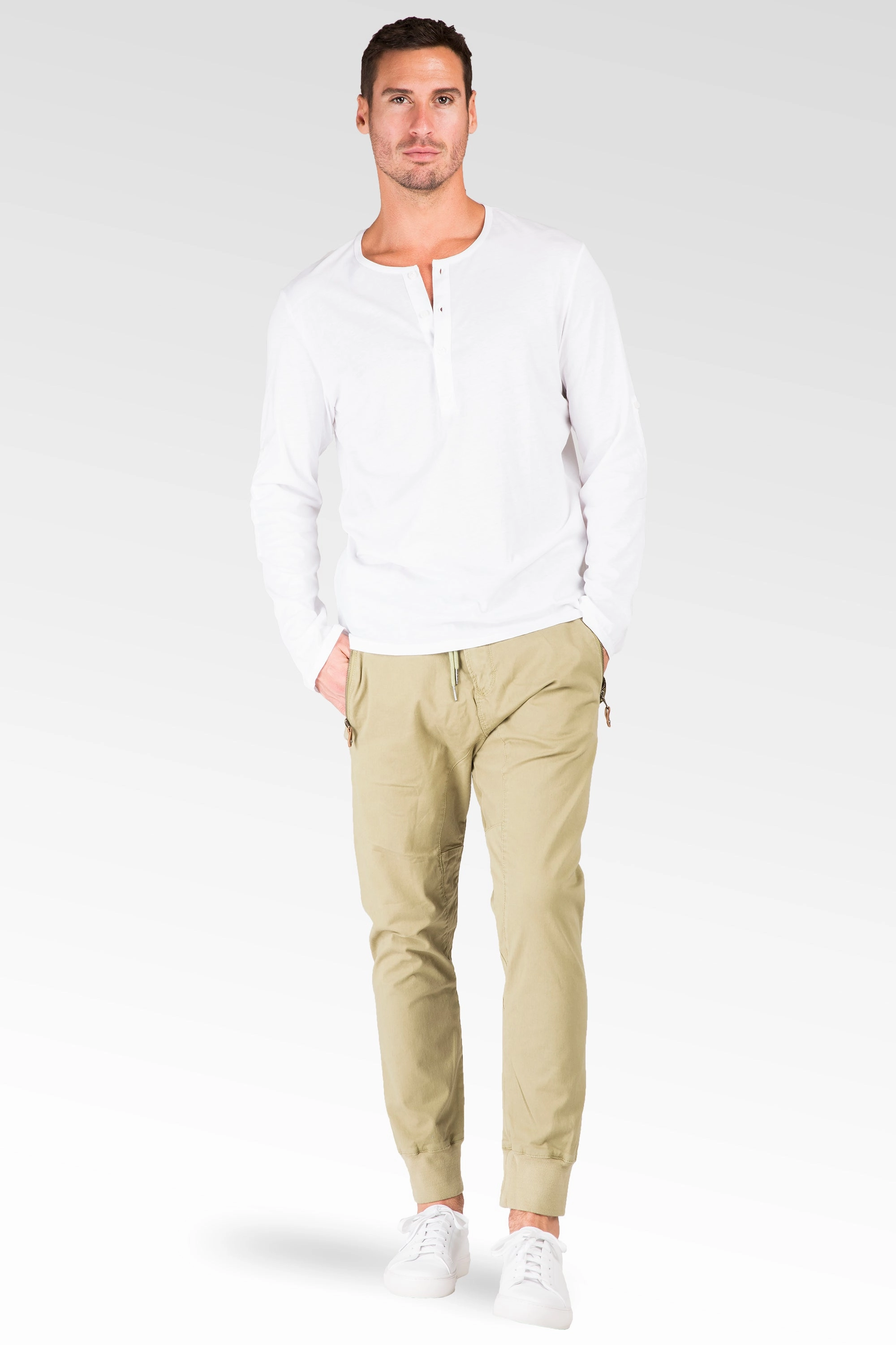 Drop Crotch Fit Avocado Green Premium Stretch Twill Jogger Jeans Zipper Pockets ConvertibleStyle