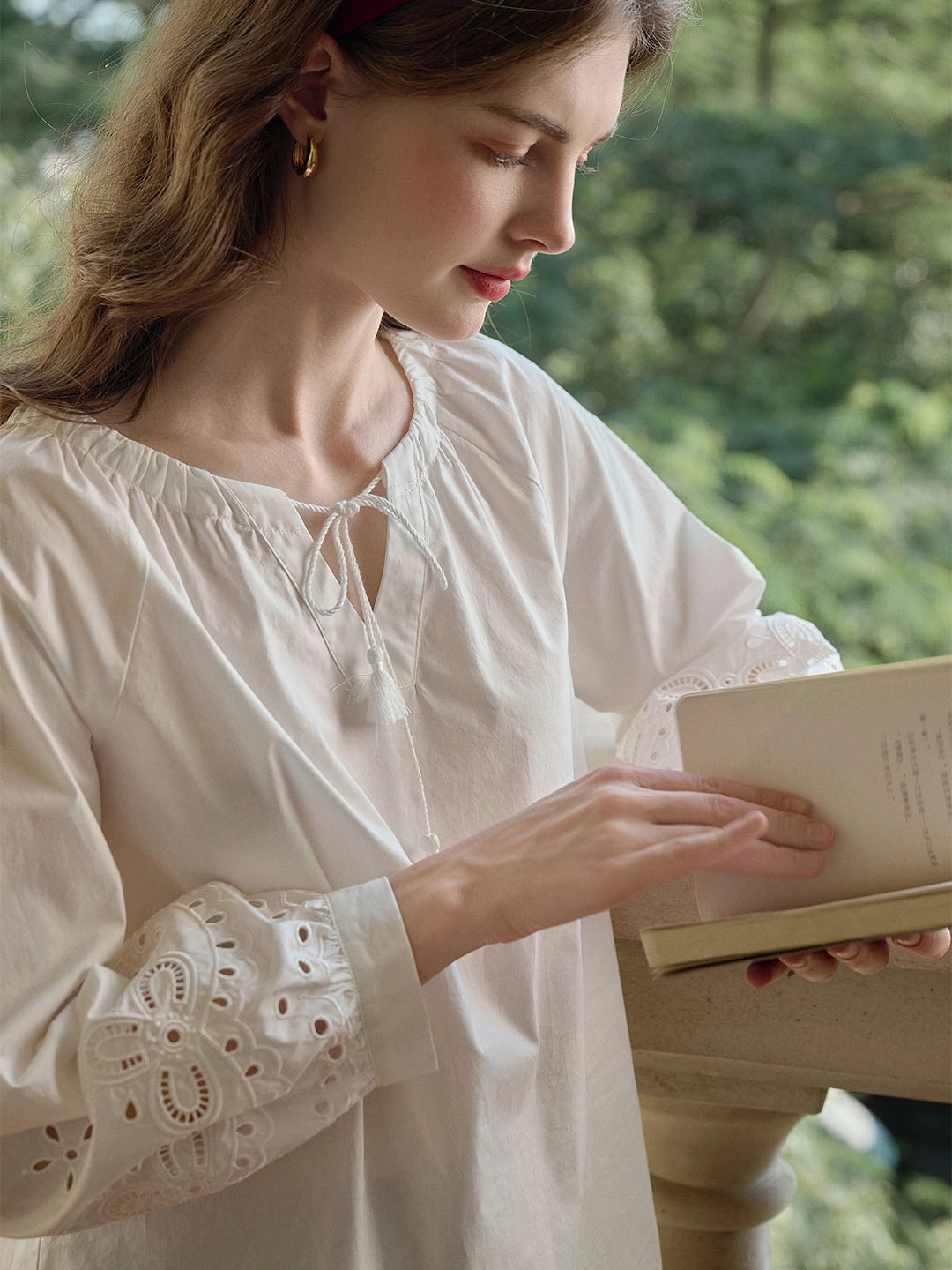 Ariel Lace-up V-neck Hollow Embroidered Cotton Blouse Champion Glow