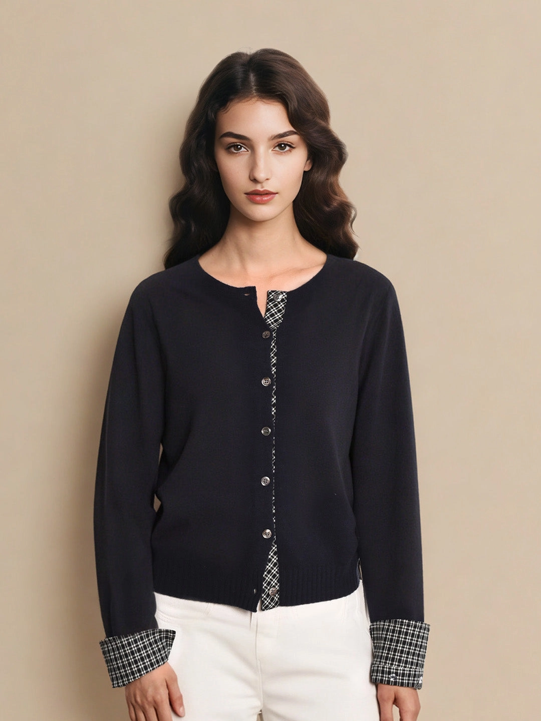 Ariyah Round Neck Plaid 100% Wool Cardigan Pure Core Grace Ease