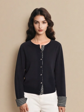 Ariyah Round Neck Plaid 100% Wool Cardigan Metal Core Body Free