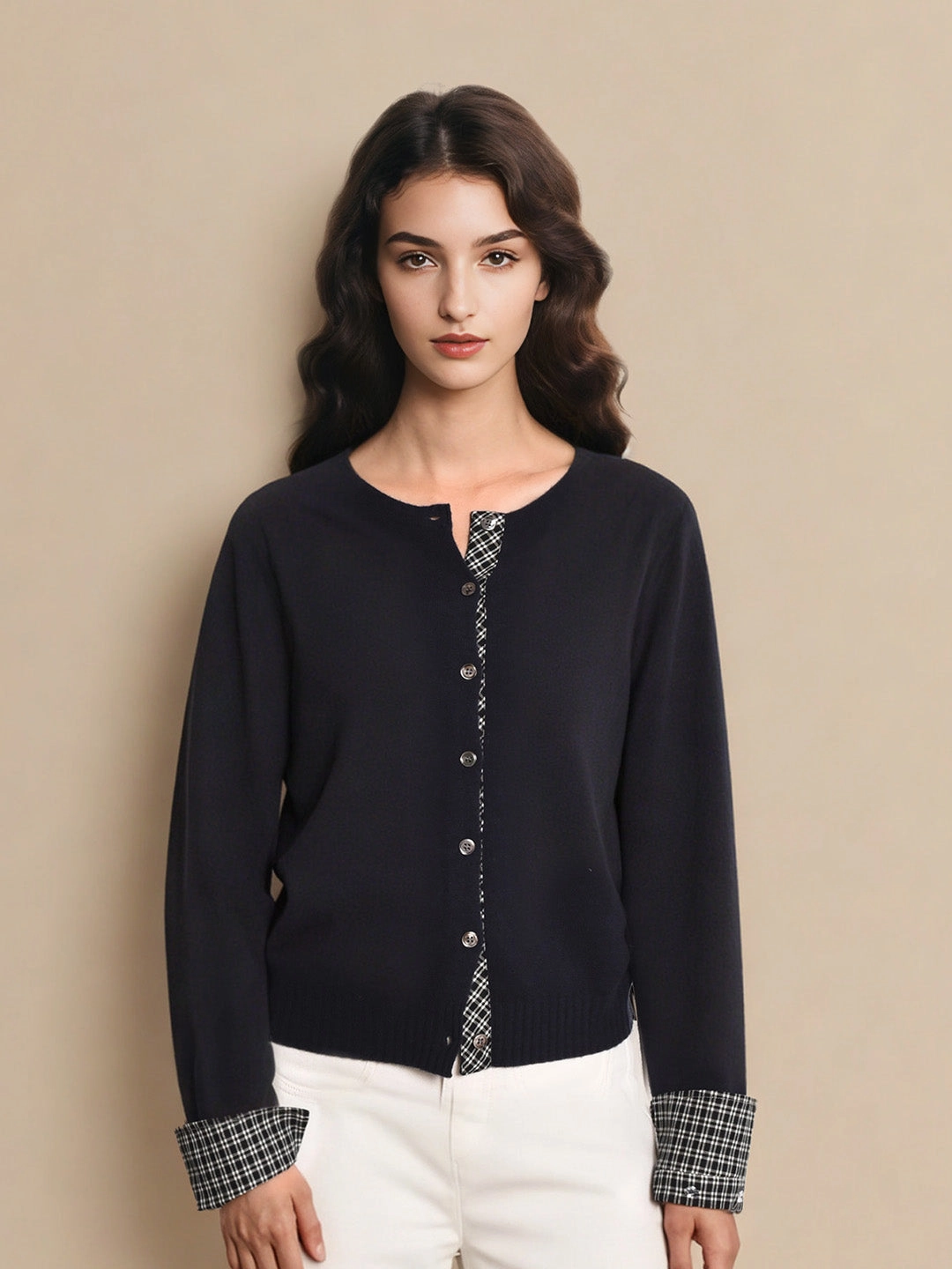 Ariyah Round Neck Plaid 100% Wool Cardigan DurableBlend