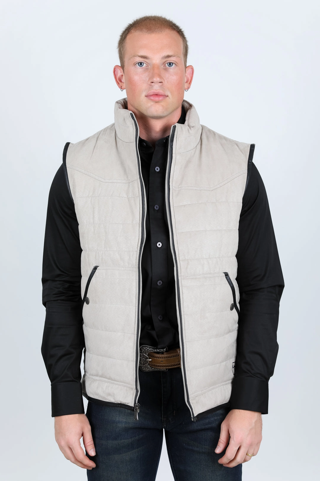 Men's Fur Lined Quilted Faux Suede Vest - Gray Stylish Basics