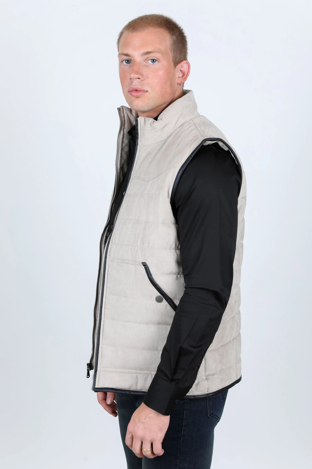 Men's Fur Lined Quilted Faux Suede Vest - Gray Versatile Layering Weight Soft Layers