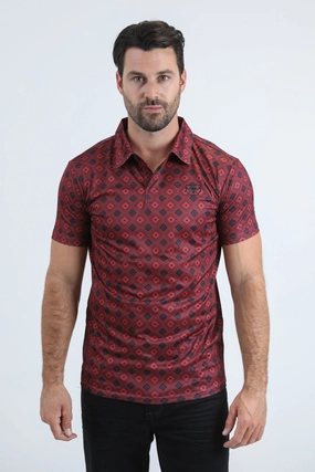 Sporty Elegance SnagProof Material Mens Performance Fabric Modern Fit Stretch Aztec Print Burgundy Polo