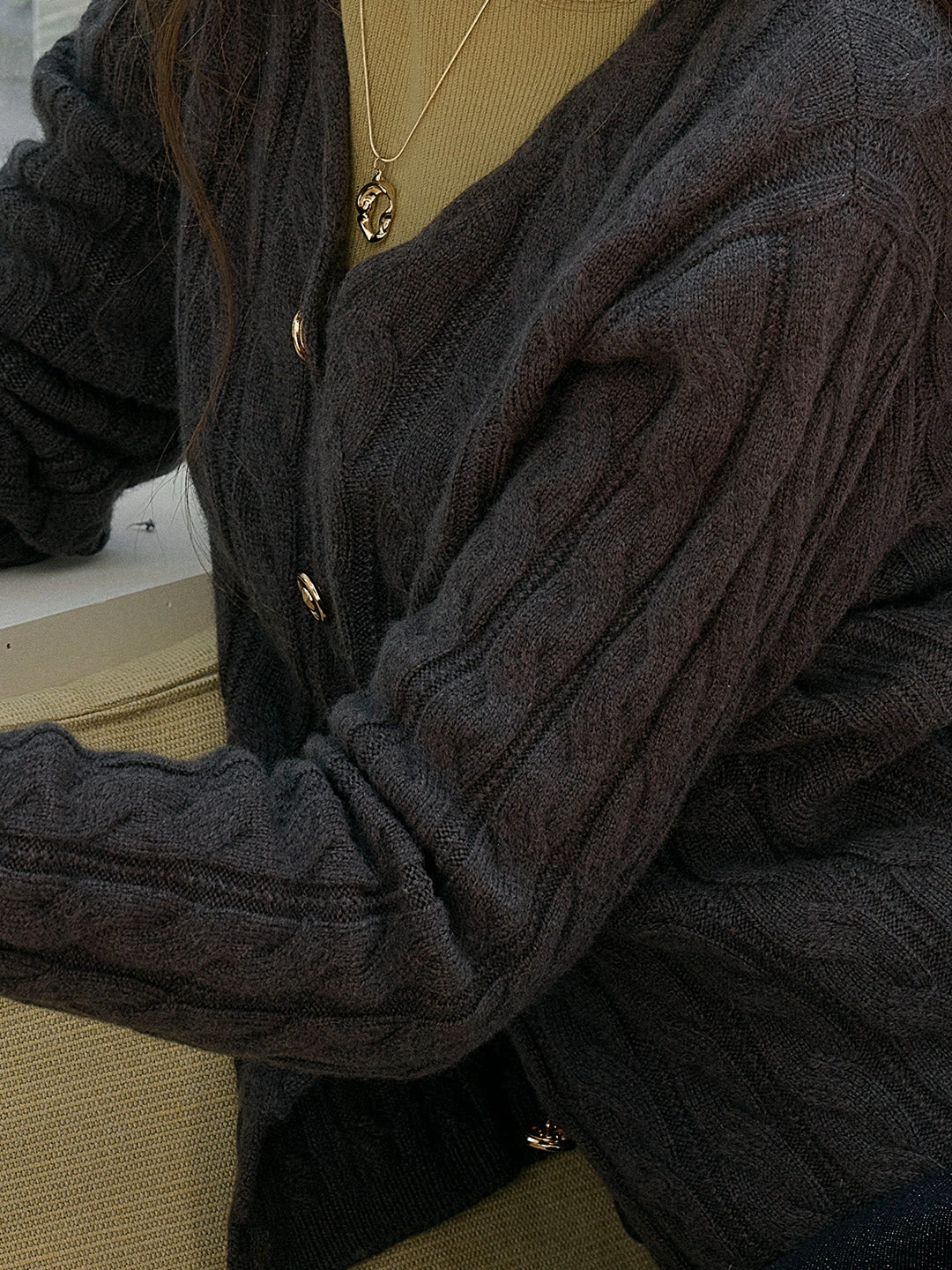 Polish Glow Aviana Versatile V-Neck 100% Wool Retro Cable-Knit Texture Sweater Cardigan