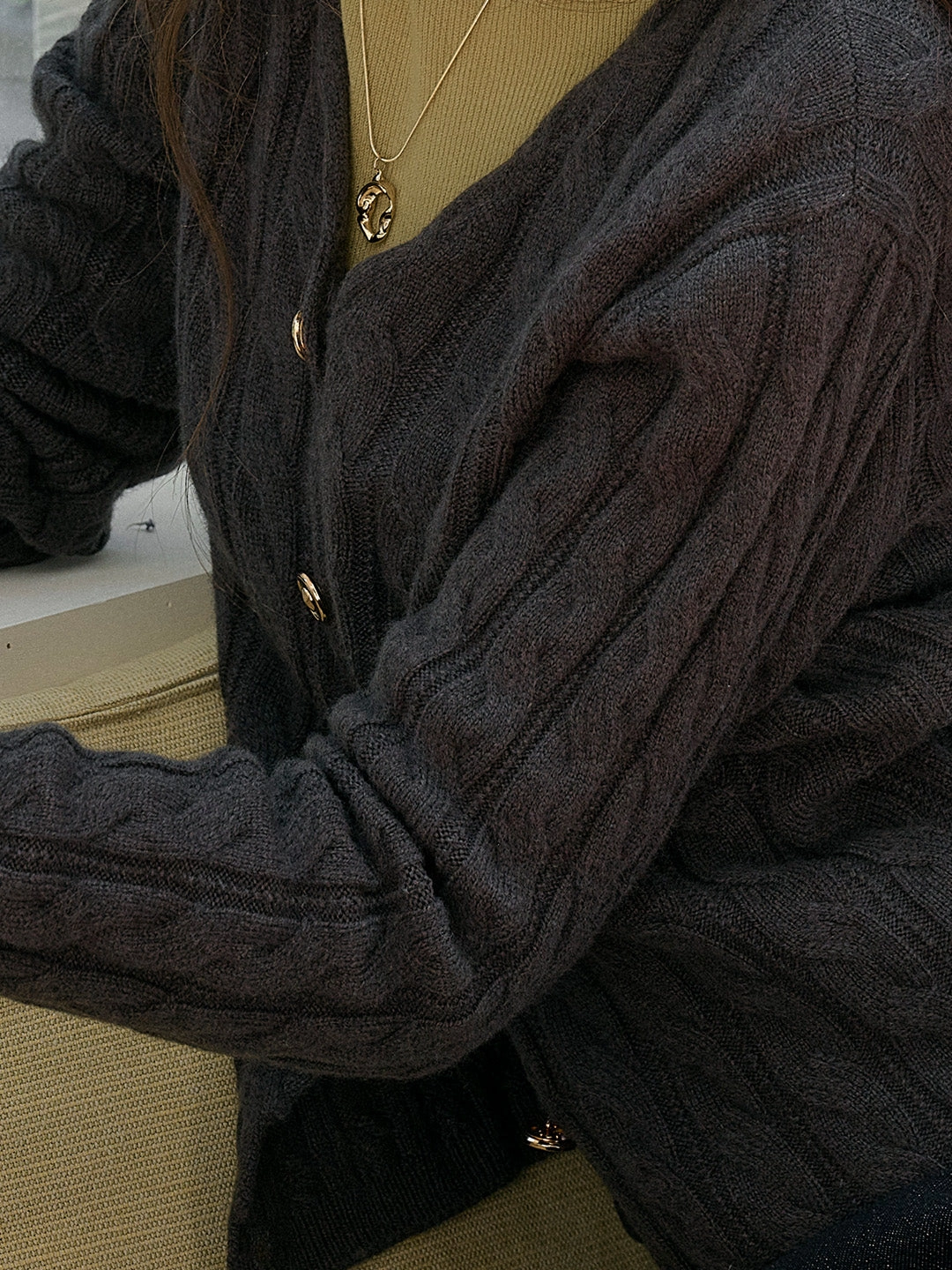 MoistureWickingMaterial Casual Blouse Aviana Versatile V-Neck 100% Wool Retro Cable-Knit Texture Sweater Cardigan