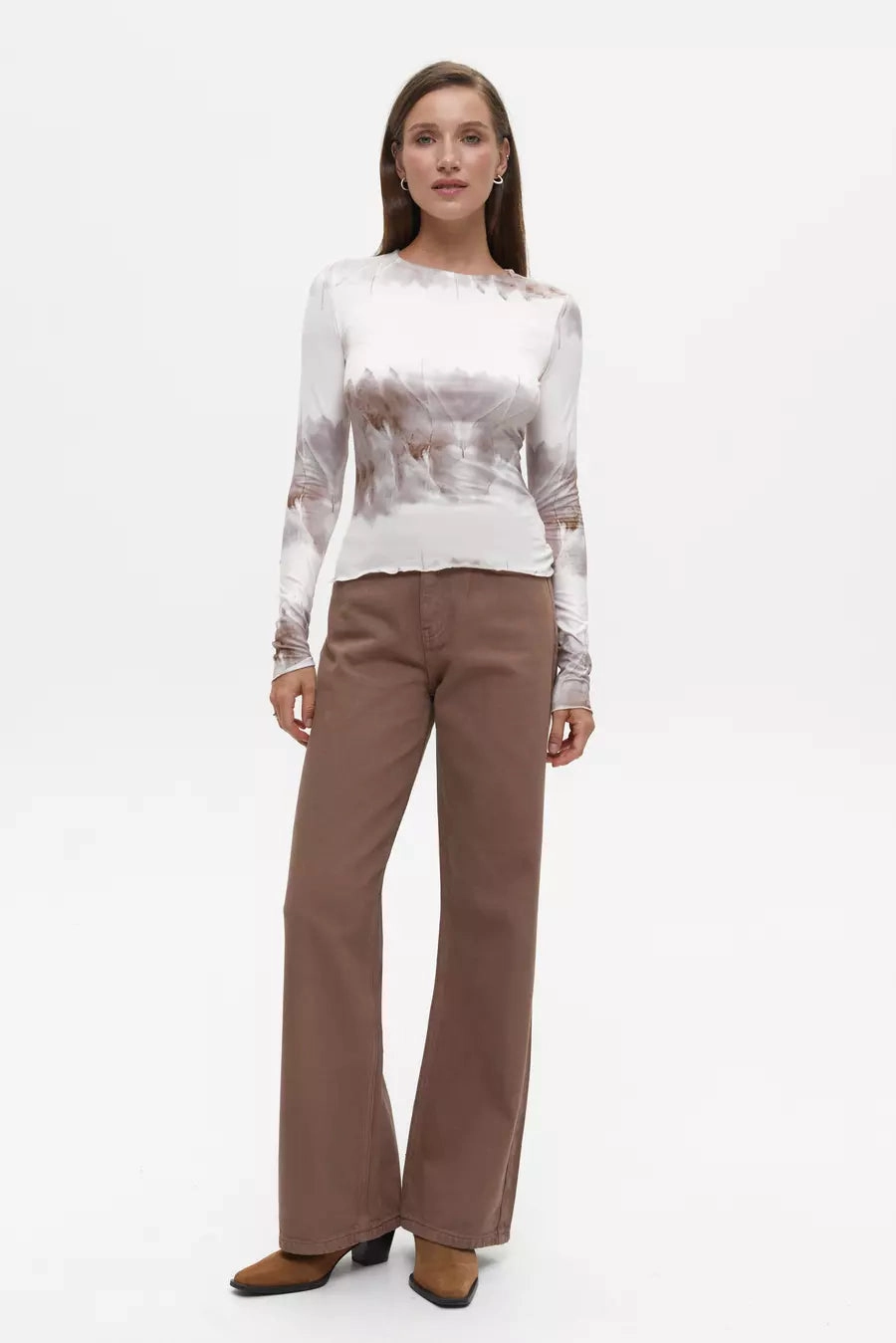 Beige Tie Die Long Sleeve Top Animal Print Mix - and - Match