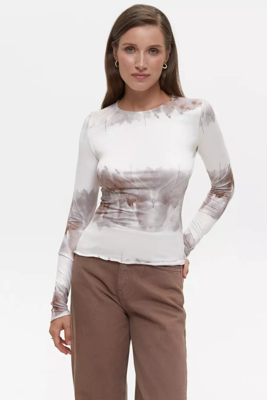 Beige Tie Die Long Sleeve Top cyclist Formal Charm