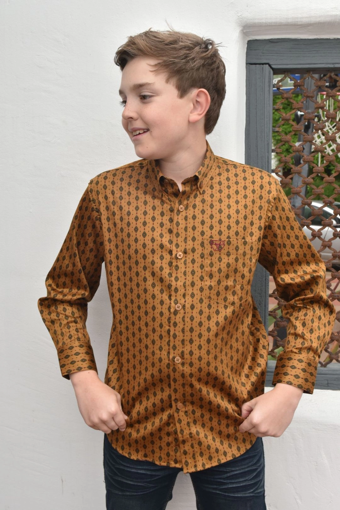 Kid's Cotton Gold Aztec Digital Print Dress Shirt Flexible Shoulder Construction EasyCare Fabric