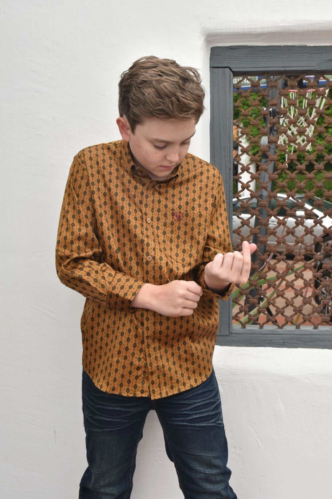 Quality Look No Chafe Edging Kid's Cotton Gold Aztec Digital Print Dress Shirt