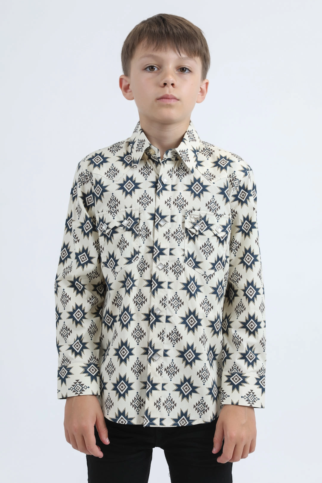 Cooling Mesh Lining Glossy Texture Kid's Western Modern Fit Cotton/Spandex Long Sleeve Beige Shirt with Snaps